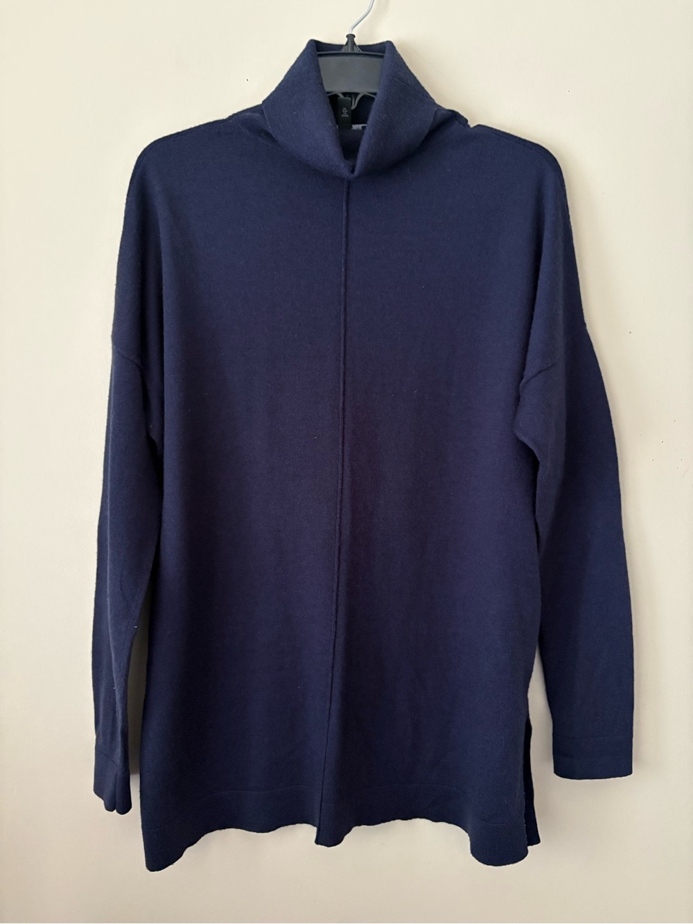 Eileen Fisher Navy Turtleneck 100% Wool Long Sweater - Minimalist Knit Sz. S